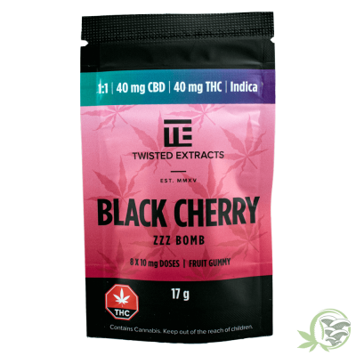 Twisted Extracts Black Cherry ZZZ Bomb 1:1 40mg CBD 40mg THC Indica Gummies at Sacred Meds