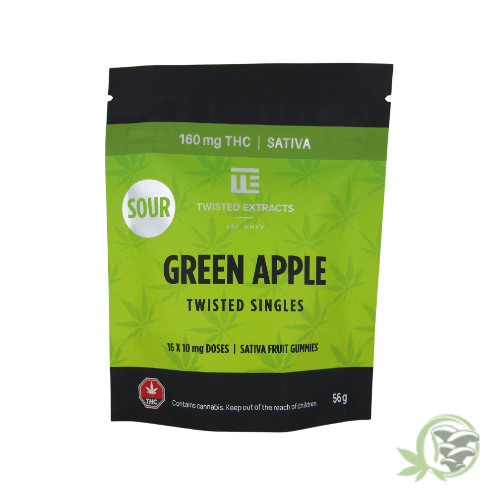 Buy the Best THC Gummies online in Canada, just like these Green Apple Twisted Singles Gummies.